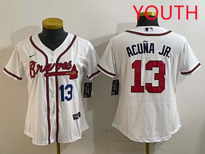 Youth Atlanta Braves 13 Acuna jr White Game 2025 Nike MLB Jersey style 2
